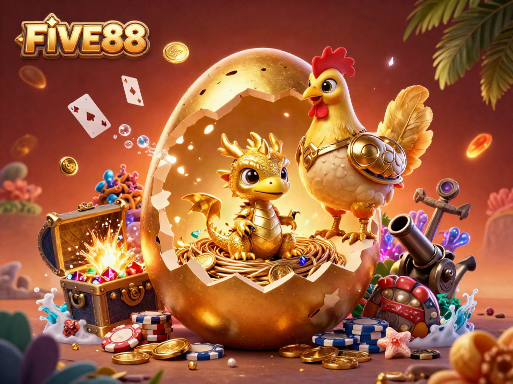 Experience the magic of FIVE88 with a golden dragon guarding poker chips in a vibrant casino scene.