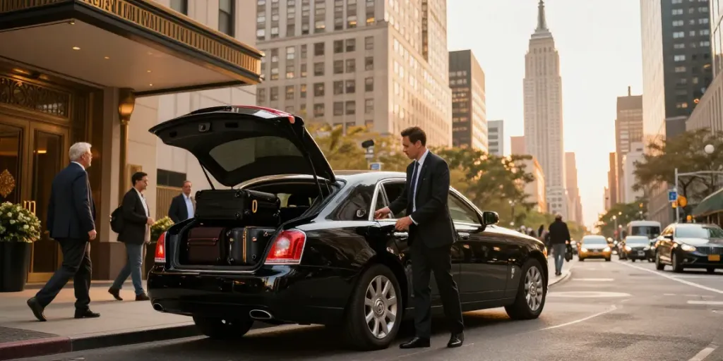 Car service from NYC with a professional chauffeur loading luggage in a luxury vehicle against the city skyline.