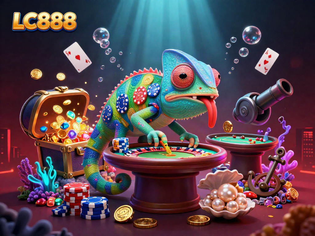 Play exciting games at LC888 with a colorful chameleon casino owner, riches, and underwater treasures.