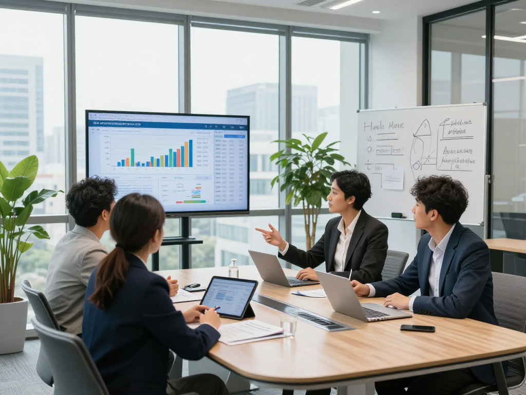 Business owners collaborating in a modern office, discussing strategies and data.