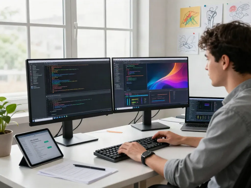 Software developer coding in a bright workspace focusing on instant indexing techniques.