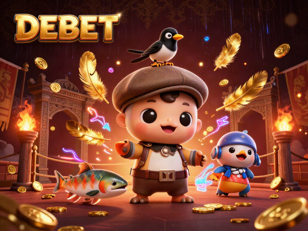 Win big at DEBET with vibrant, engaging characters and gaming elements in a lively atmosphere.