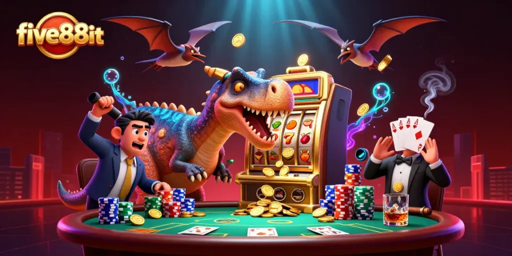 Experience the excitement of five88it with cartoon dinosaurs engaging in casino fun, securing jackpots.