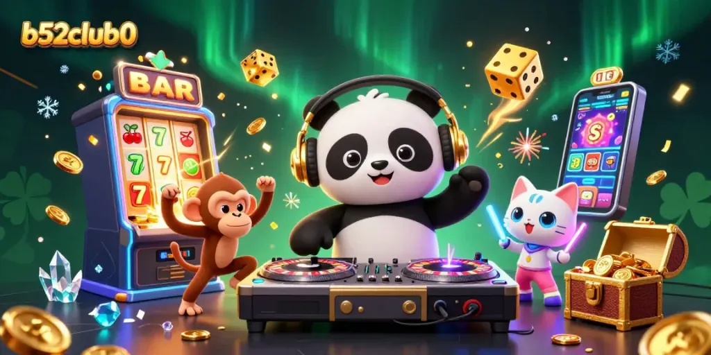 Experience the excitement of b52club0 with a vibrant 3D scene featuring gaming elements and dynamic characters.