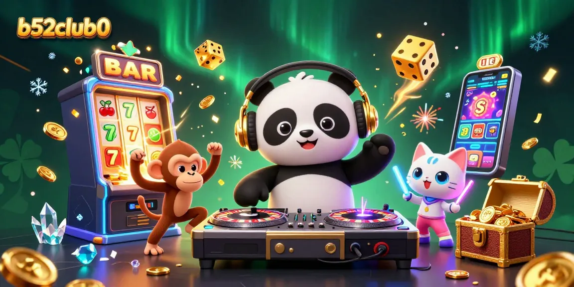 Experience the excitement of b52club0 with a vibrant 3D scene featuring gaming elements and dynamic characters.