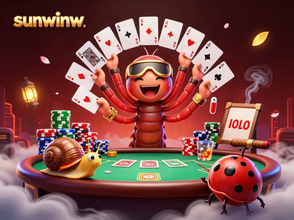 Engage with sunwinw players at a vibrant casino scene featuring a cartoon millipede dealer and high-roller characters.