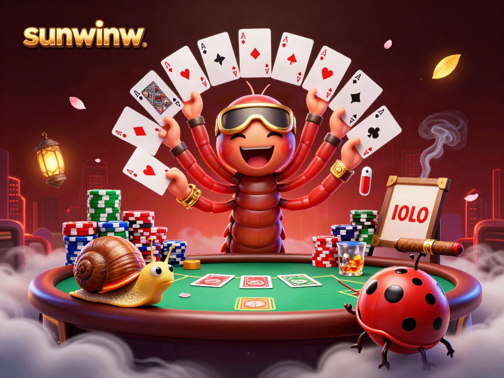 Engage with sunwinw players at a vibrant casino scene featuring a cartoon millipede dealer and high-roller characters.