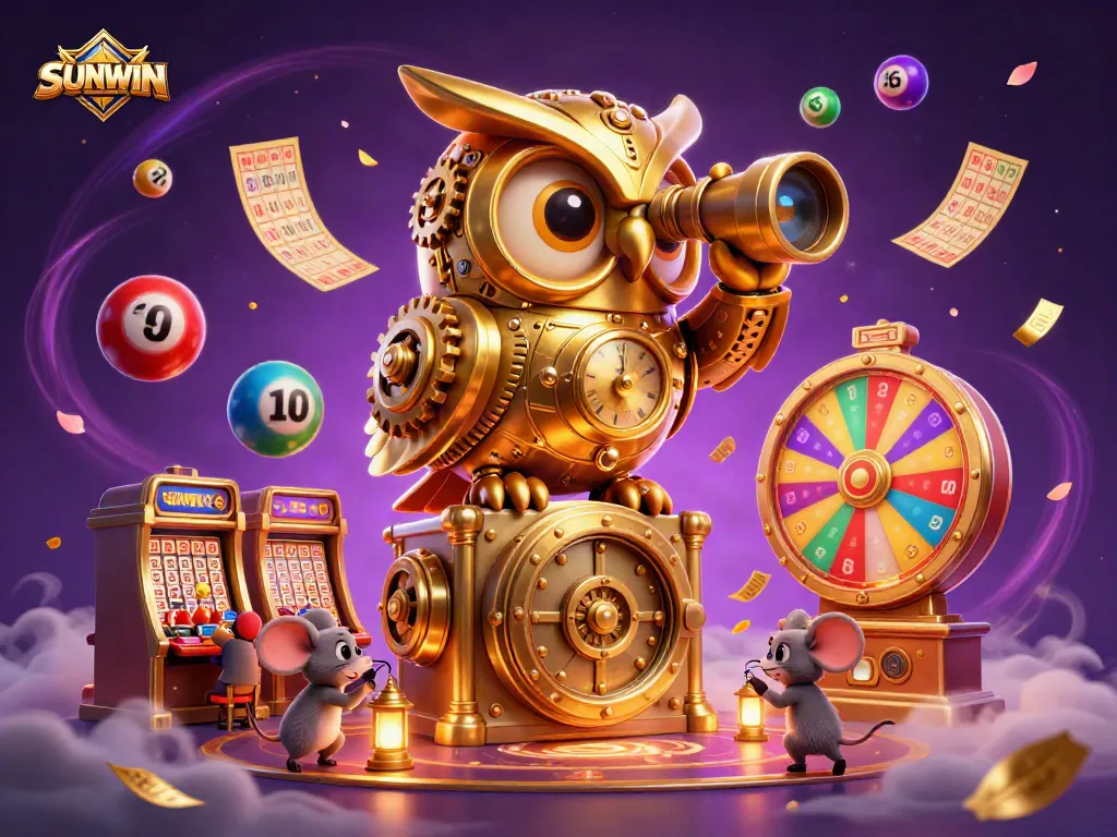 SUNWIN's vibrant casino scene showcases a clockwork owl and tiny patrons amidst a dynamic game atmosphere.