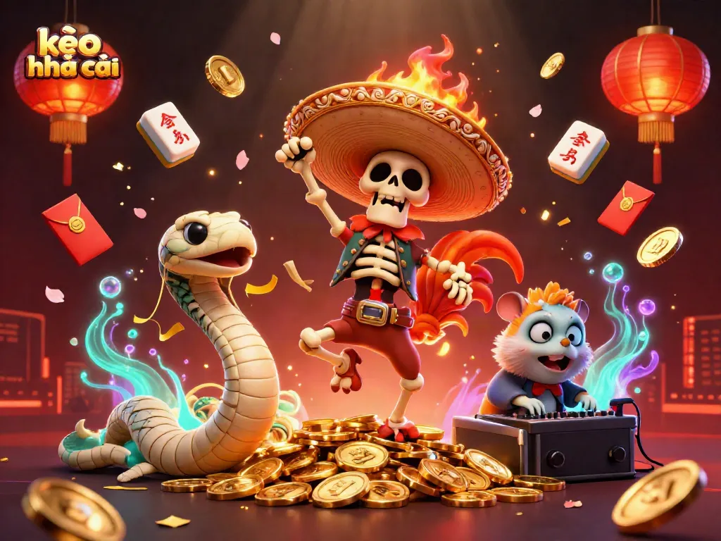 Join the kèo nhà cái celebration with a mariachi rooster and friends amidst golden coins and festive elements.