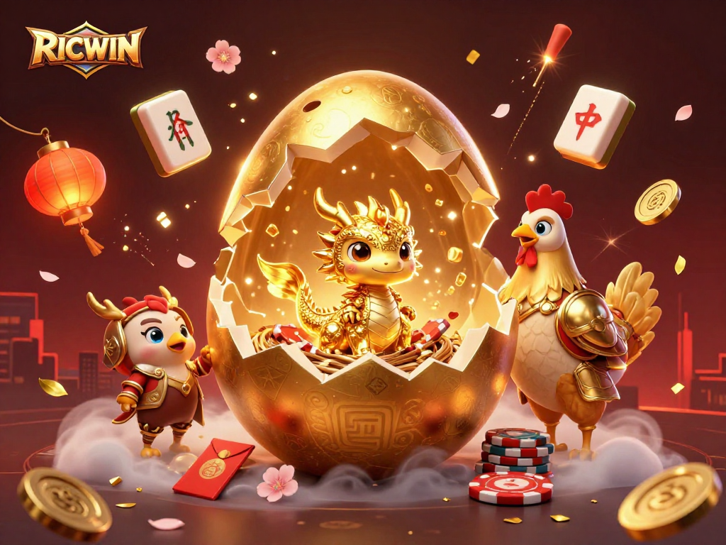 Win big with RICWIN: a dazzling 3D fantasy casino world featuring gold and vibrant game elements.