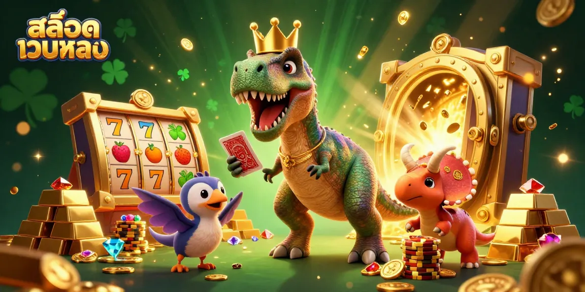 Experience excitement with สล็อตเว็บตรง as cartoon T-Rex shuffles cards in a vibrant casino scene.