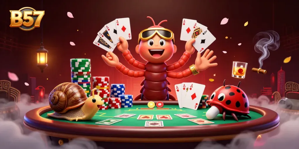B57 casino scene with a cartoon millipede dealer, vibrant poker action and dynamic game elements.