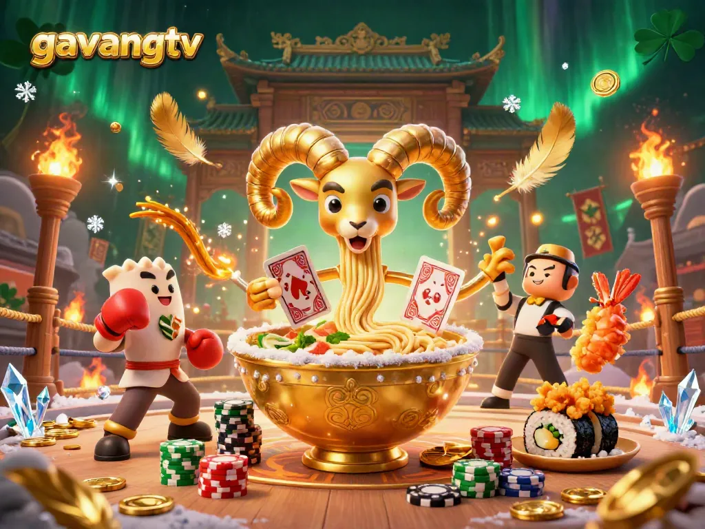 Experience thrilling action with gavangtv as a giant ramen bowl dealer stacks chips and plays cards.