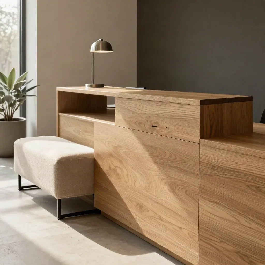 Oak reception desk in a sunlit entryway with bench, lamp and planter.