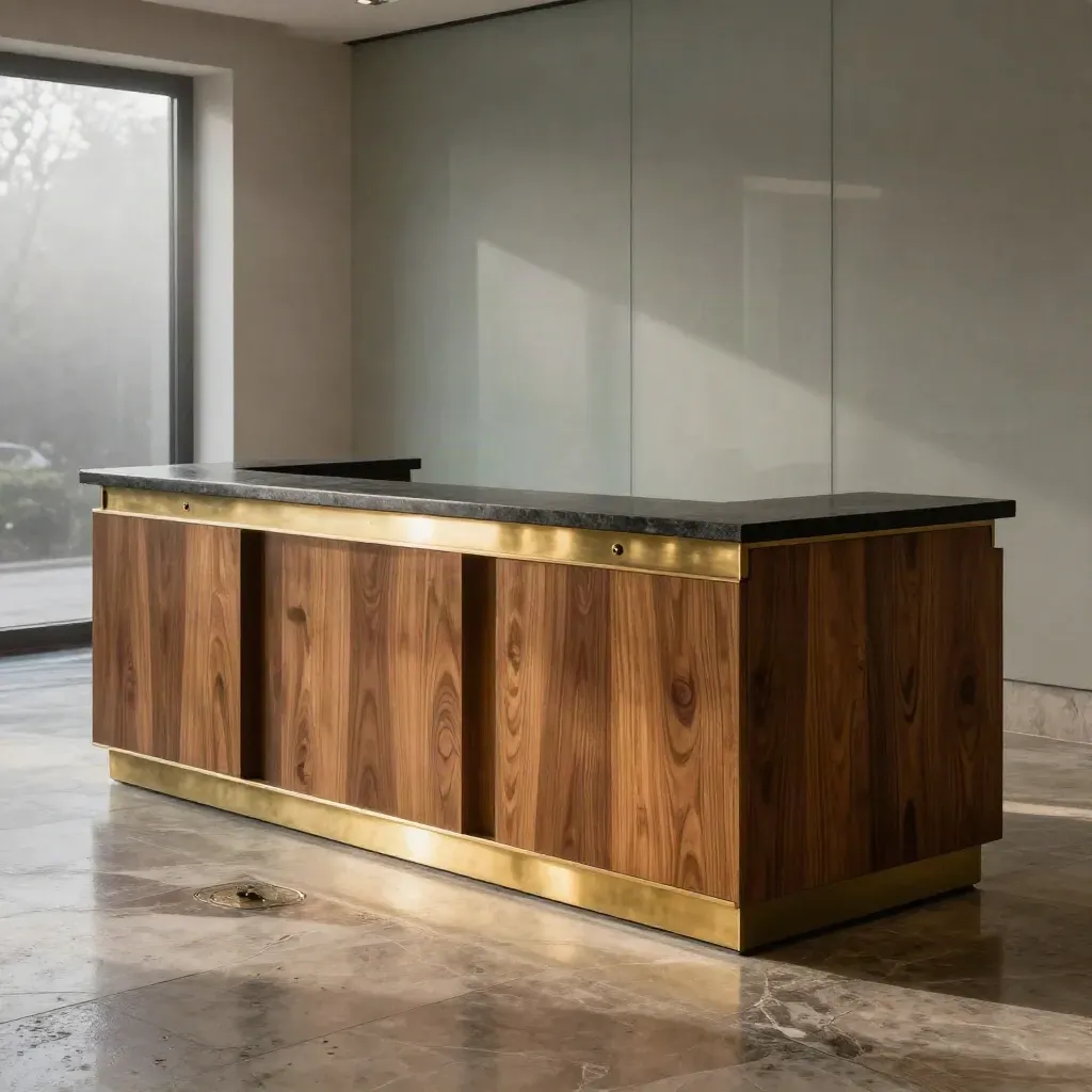 L-shaped reception desk in a rain-softened lobby with oak samples and brass details.