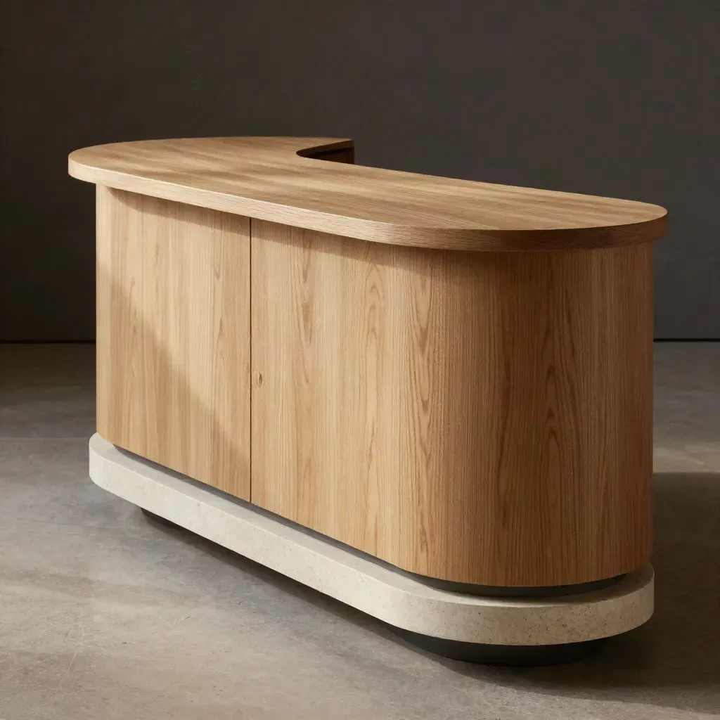 Curved oak reception desk detail with stone plinth, raking light and soft focus
