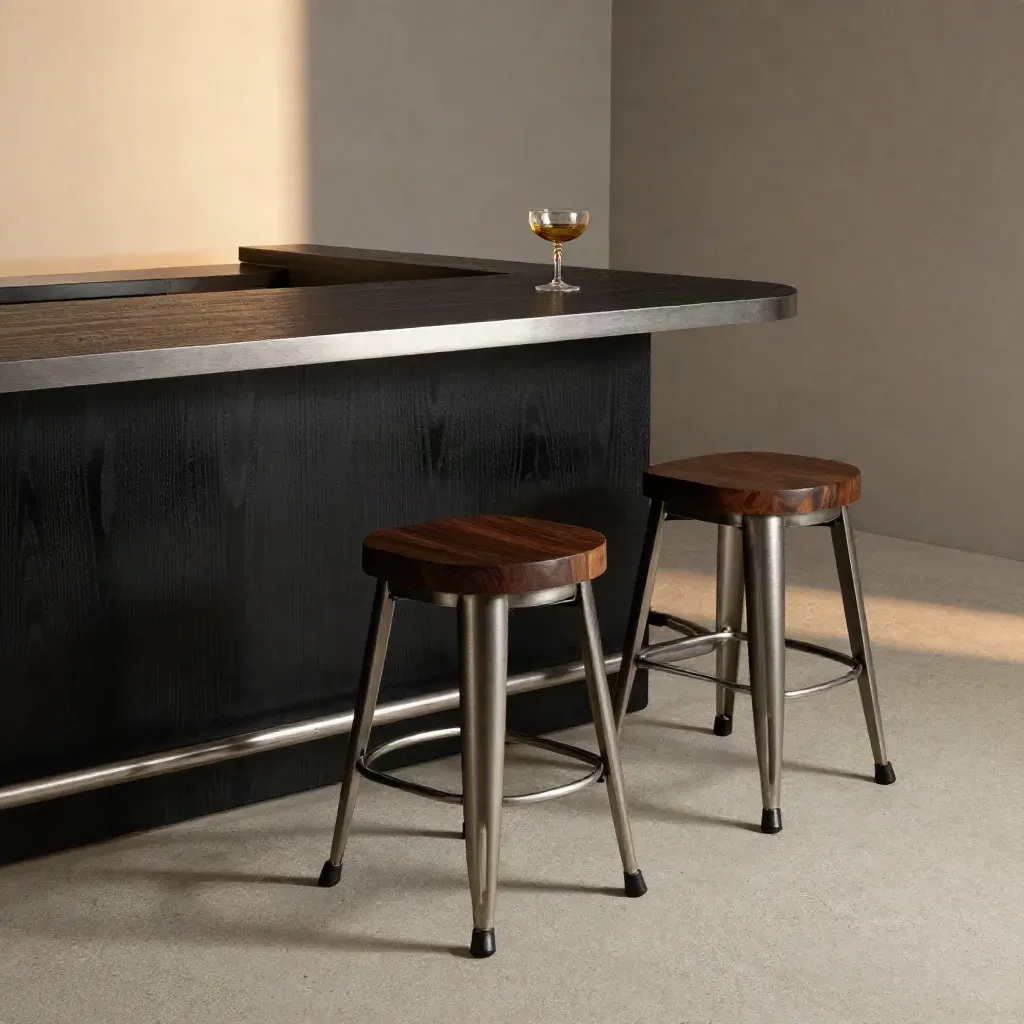Blackened oak bar service desk with stools and coupe glass on concrete