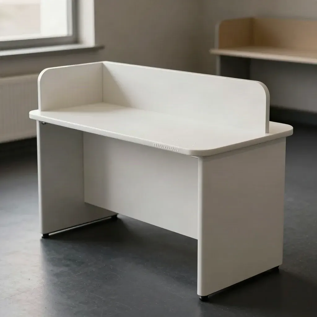 White clinic check-in desk on a dark studio surface with cool rim light and fresh wipe-down sheen.