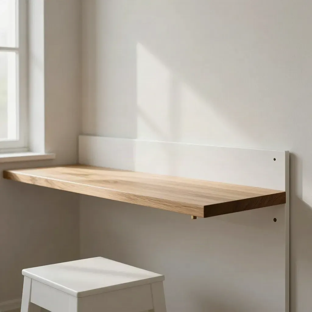 Wall-mounted white laminate counter with oak shelf and tucked stool on a pale plaster wall.