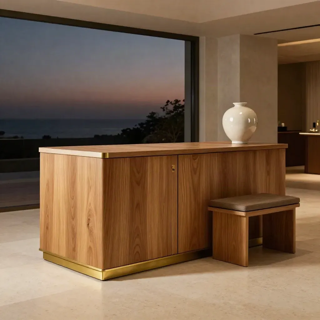 Oak hotel lobby desk with brass trim, bench, and vase in soft dusk light.