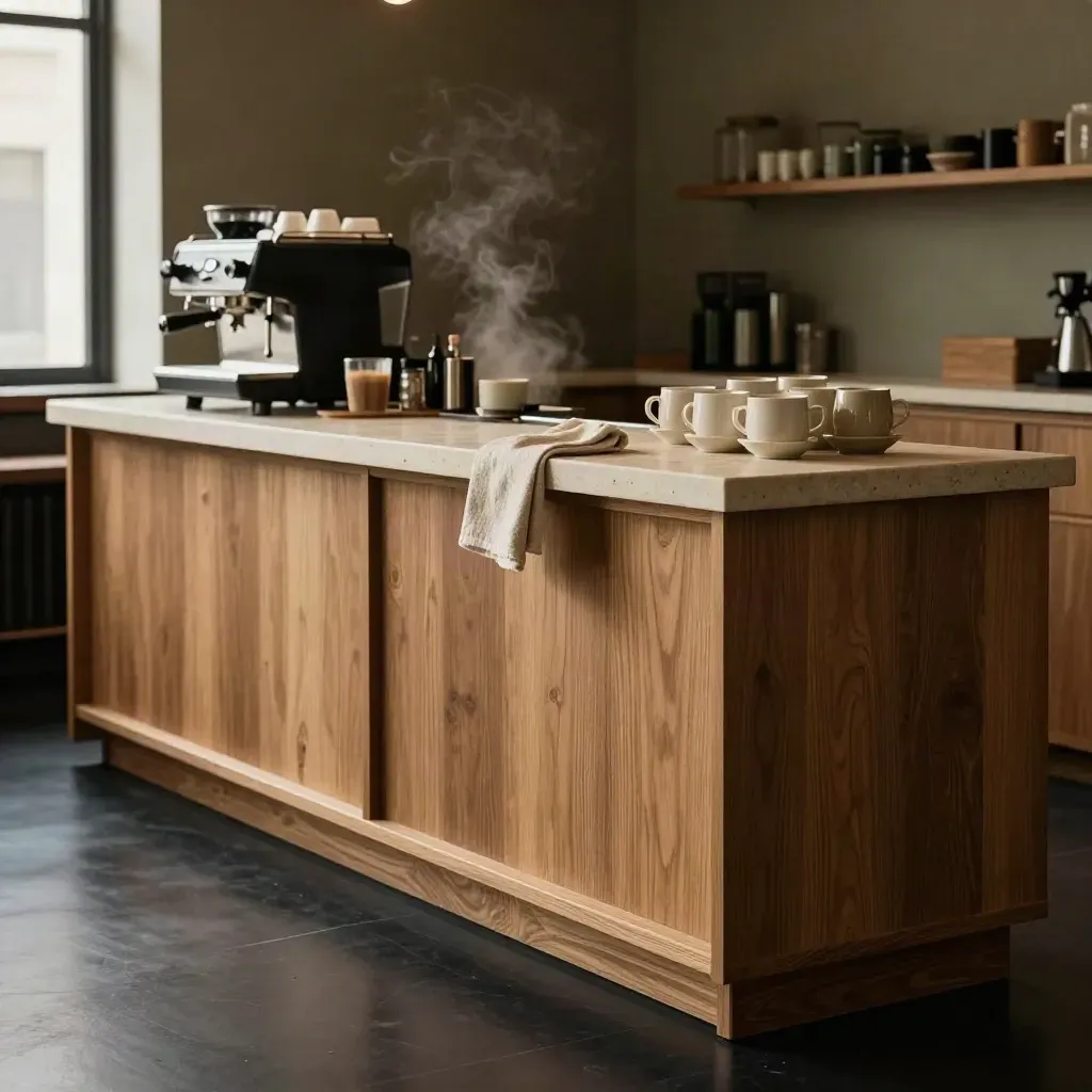 Warm oak coffee bar counter with stone top, cups, towel and espresso gear in moody studio light.