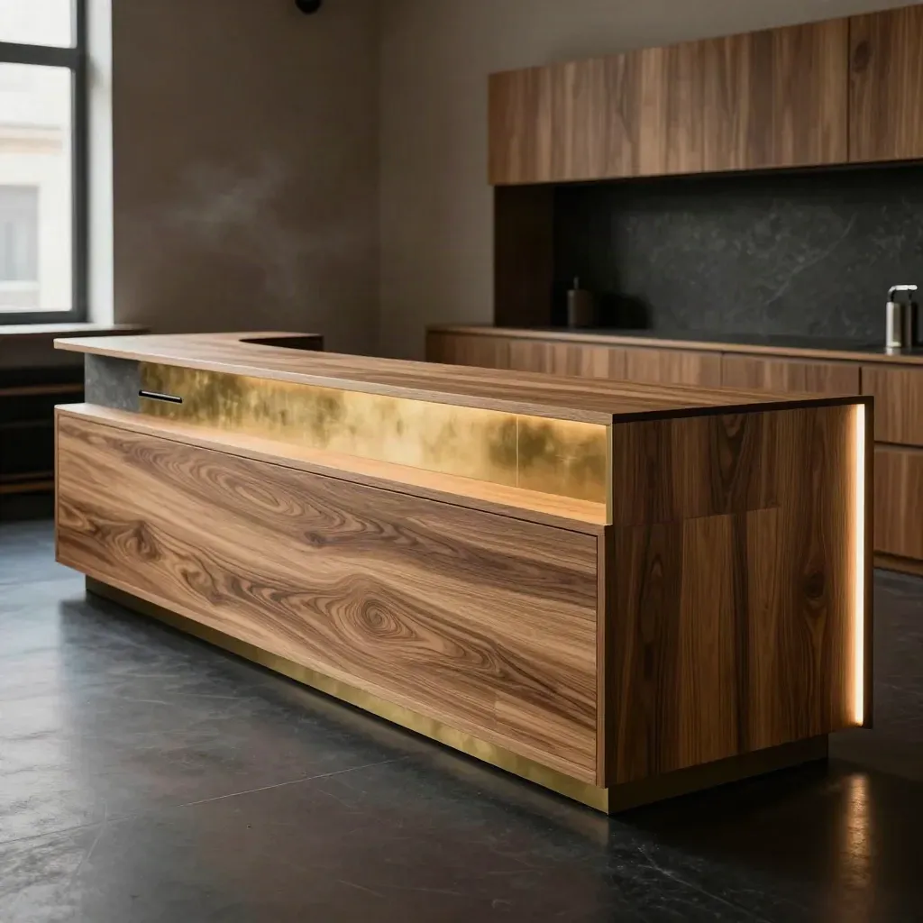 Layered oak, brass and slate trade counter set in a dramatic showroom light