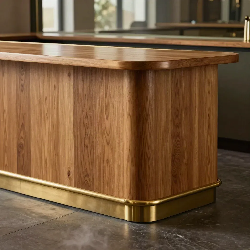 Oak bar front with brass trim on dark stone, mirrored back-bar blur, and soft steam.