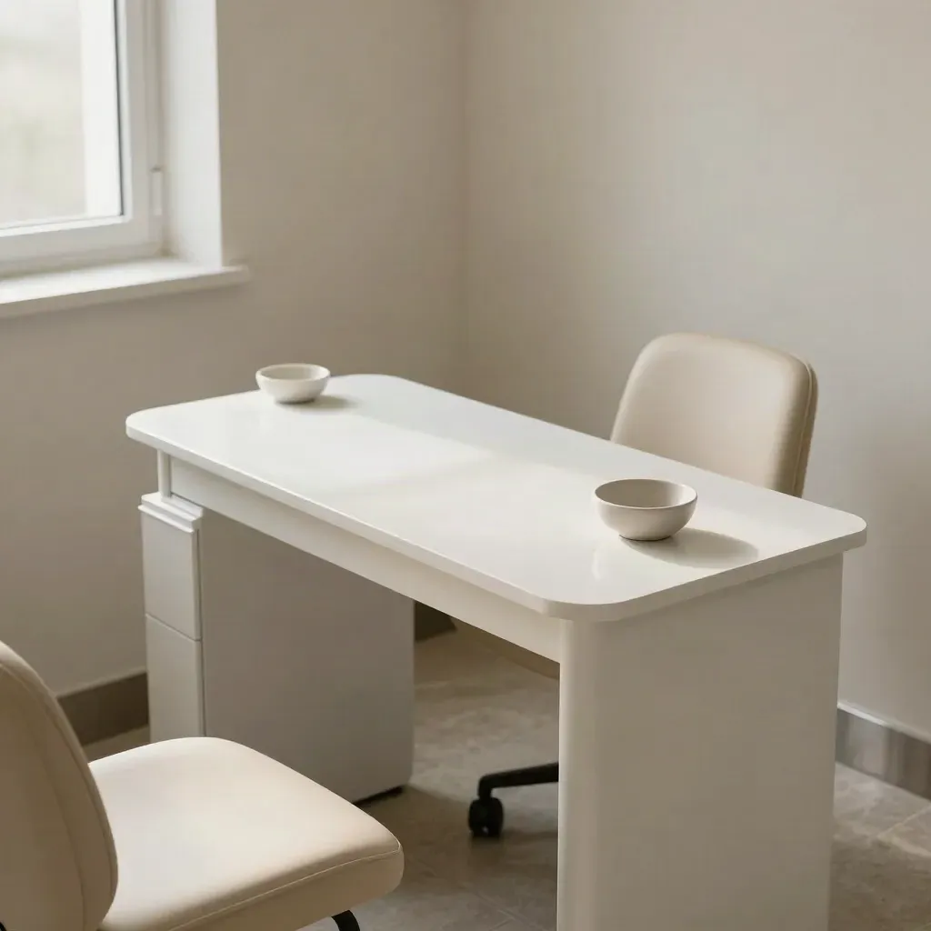 White clinic desk, chair and ceramic bowl in a narrow softly lit treatment room.
