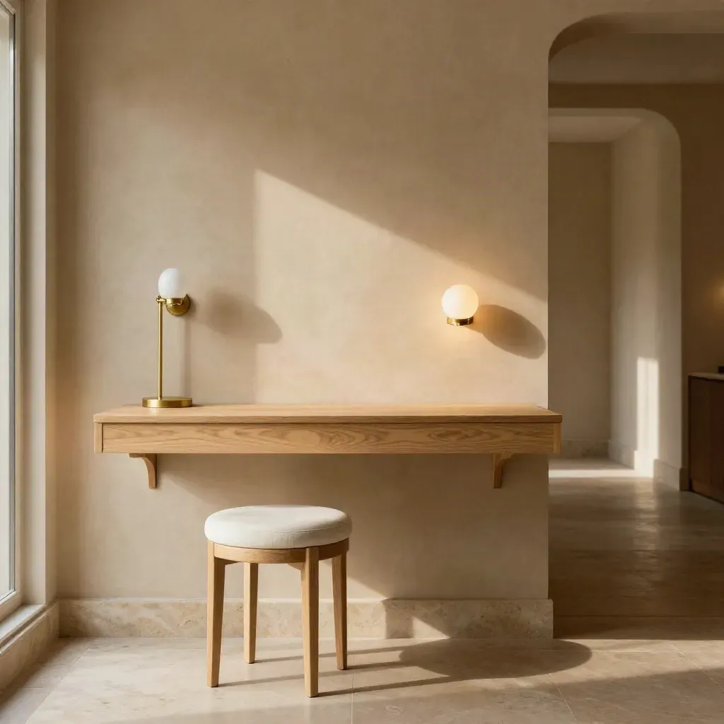 Pale oak wall-mounted service desk with stool and brass lamp in a soft plaster foyer