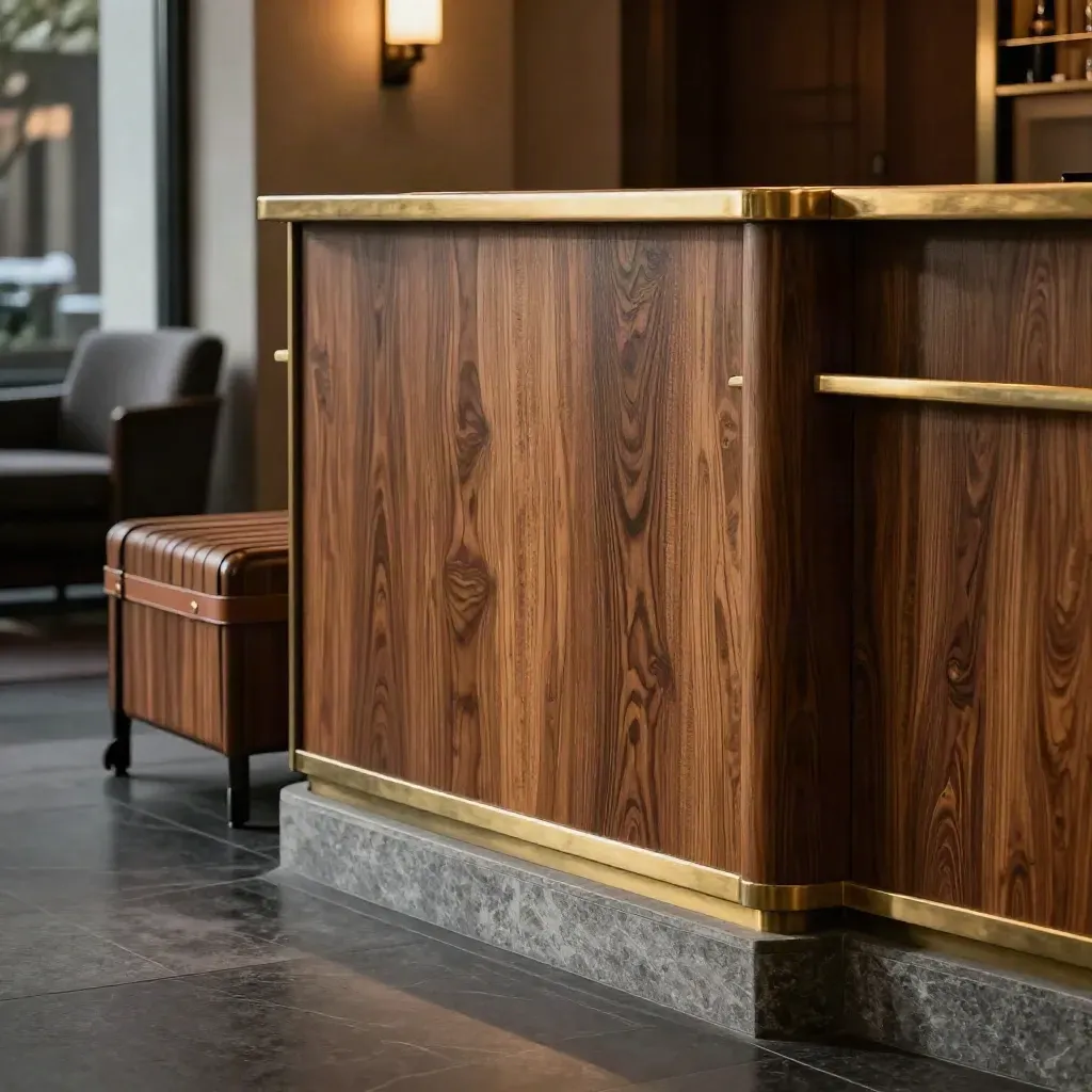 Smoked oak hotel check-in counter with brass trim and a luggage bench in a quiet lobby.