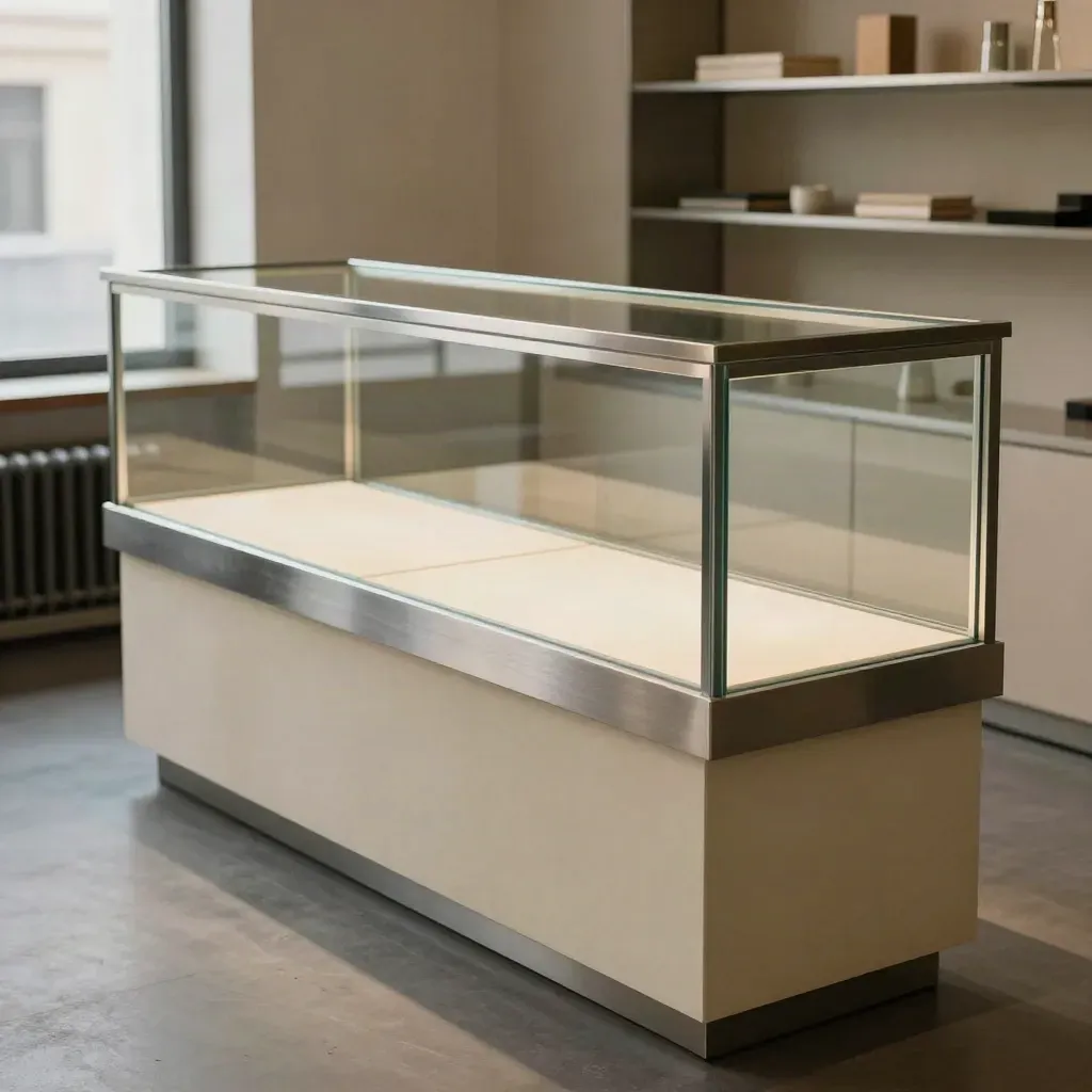 Close-up side crop of a glass display counter with brushed metal frame and ceramic pedestal supports