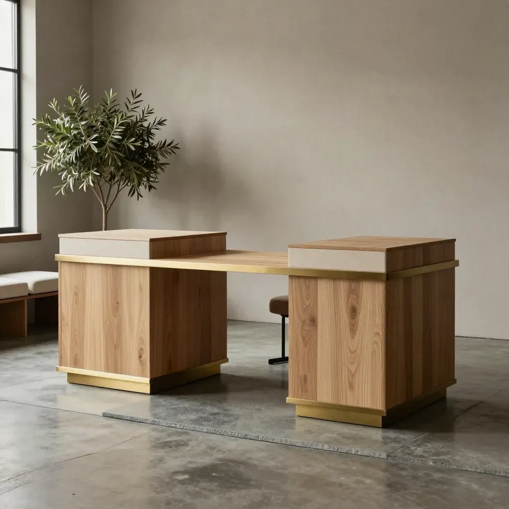 Double-sided oak and slate retail desk with stools, brass trim and a planter in a moody studio.