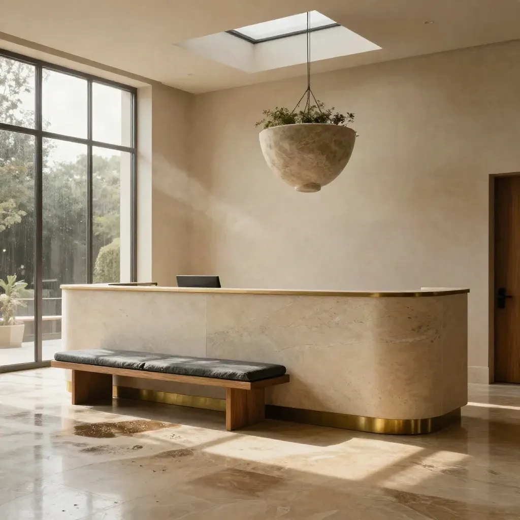 Limestone reception lobby with polished counter, bench, planter and skylight in soft post-rain light.