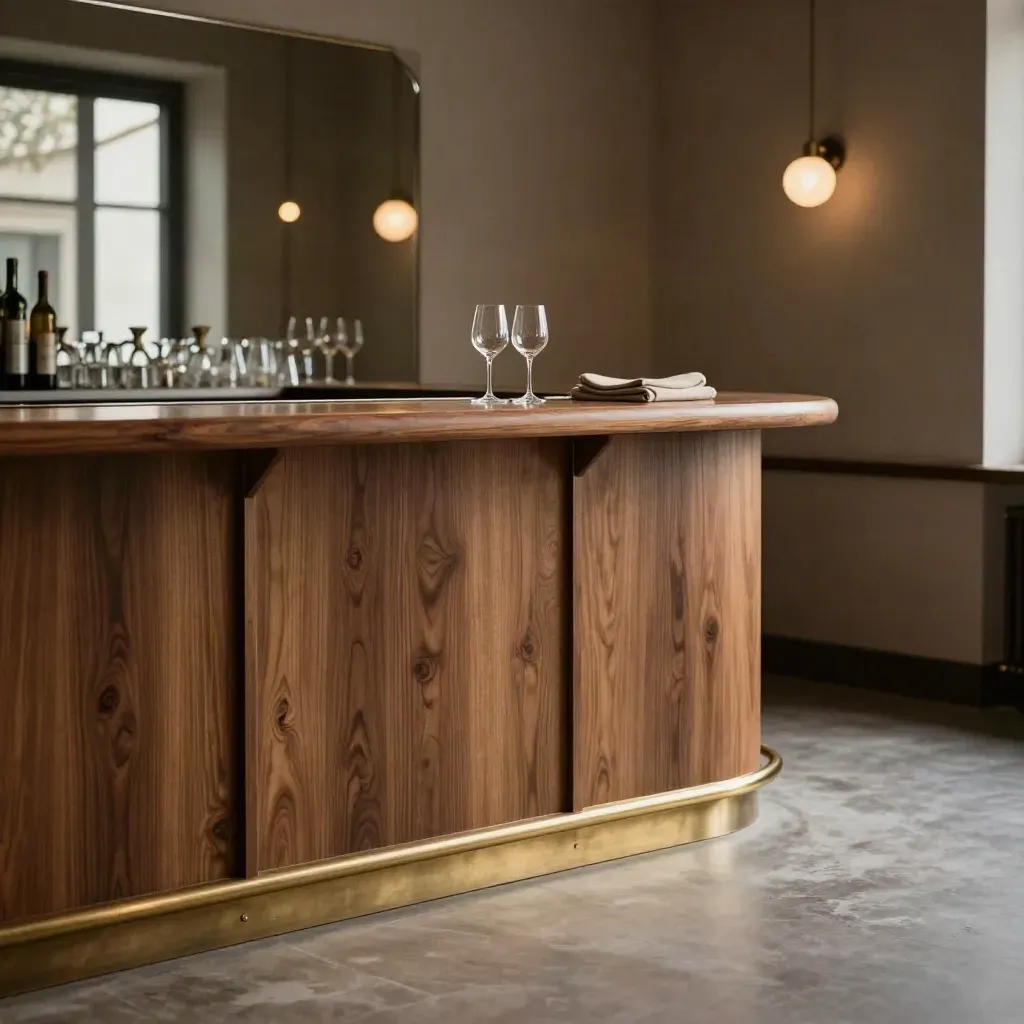 Walnut bar counter with brass details, mirrored bokeh glassware, and warm pendant light.