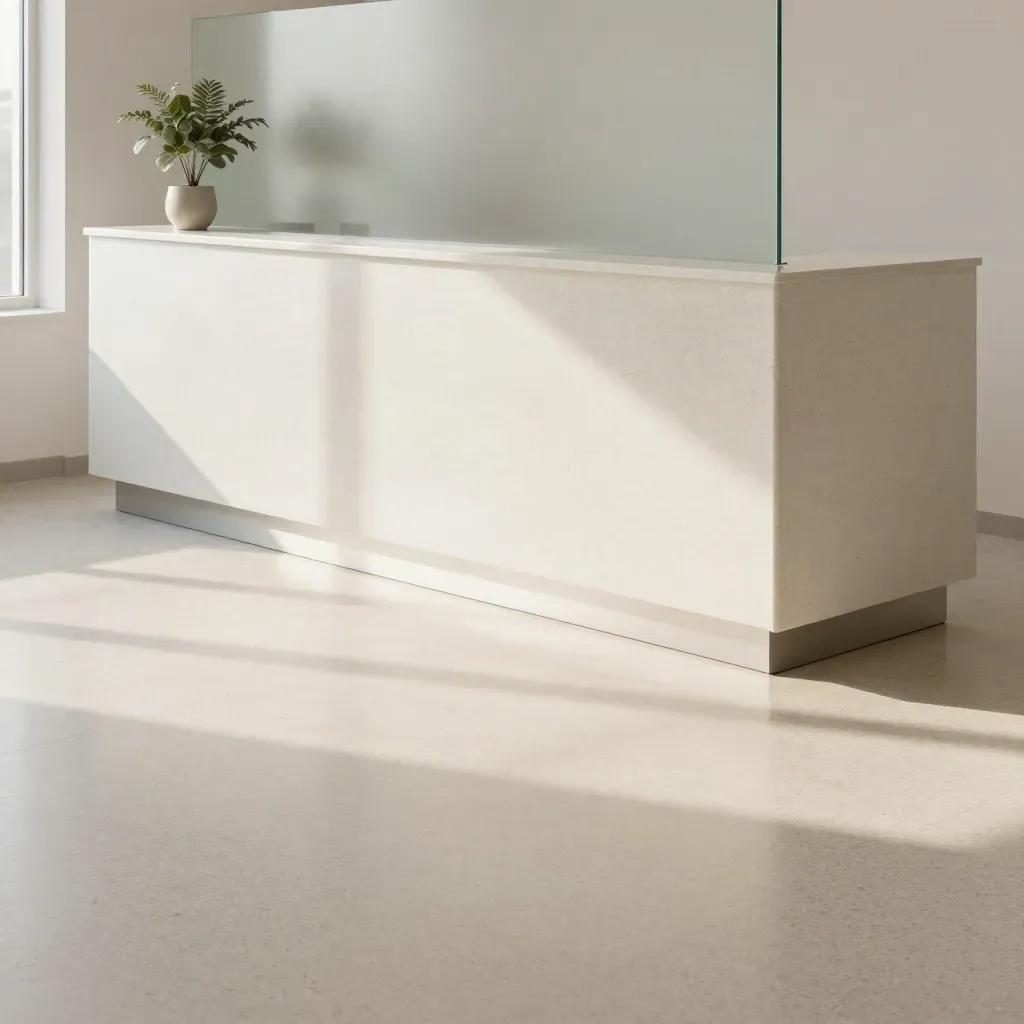 White clinic desk on pale terrazzo with frosted partition and small plant, calm copy space below