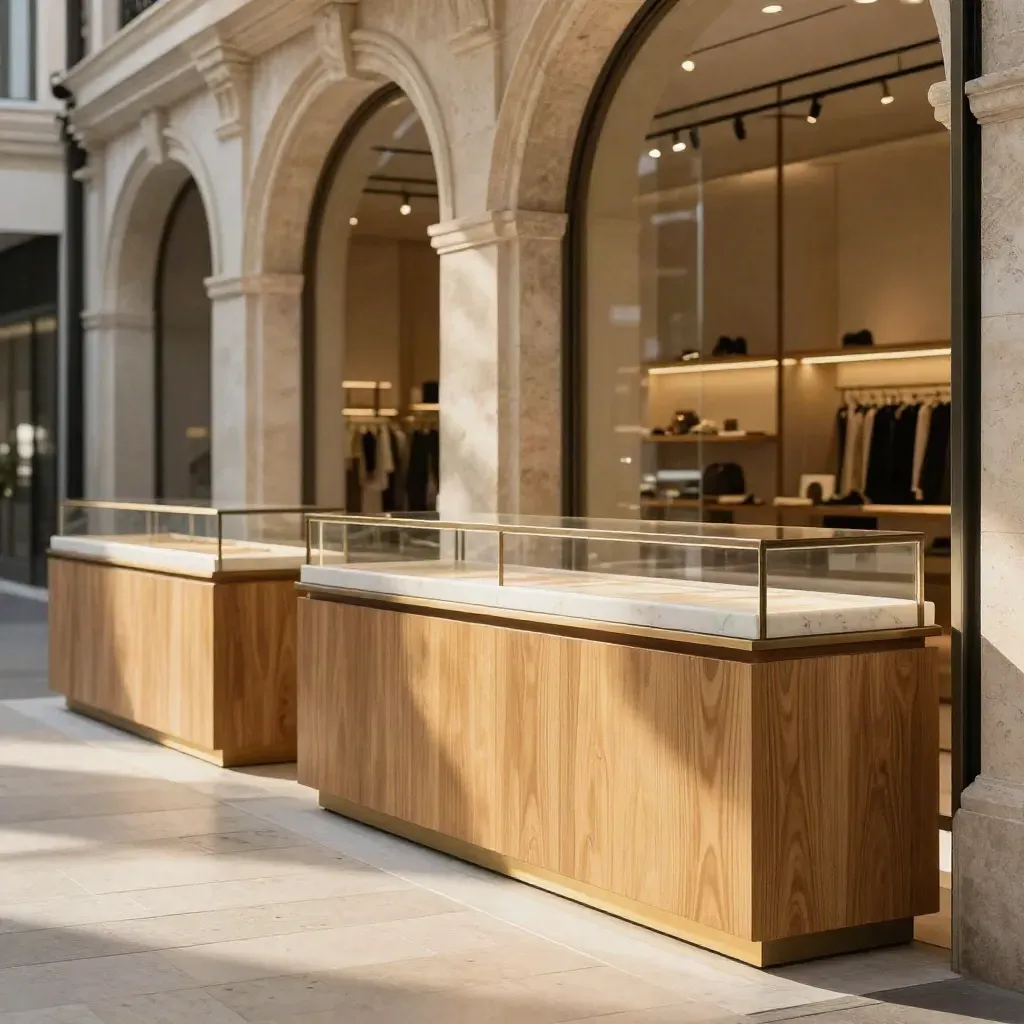 Sunlit boutique arcade with oak and stone retail display counters in warm golden hour.