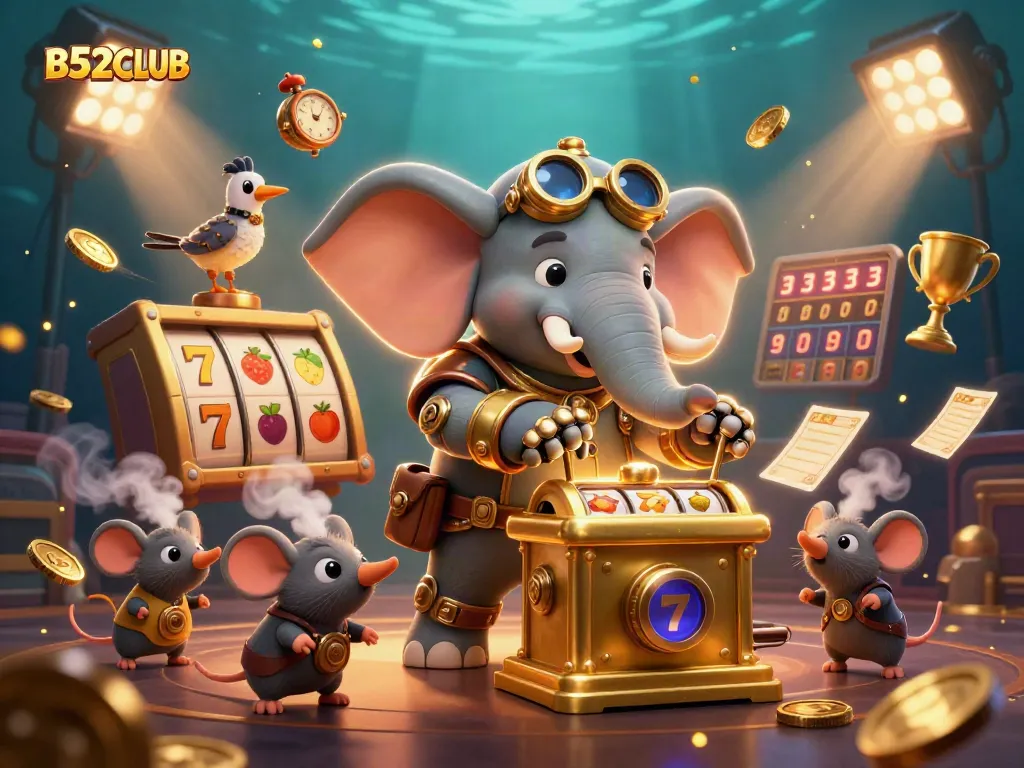 B52CLUB showcases thrilling gameplay with a steampunk elephant operating a golden slot machine in a vibrant casino setting.