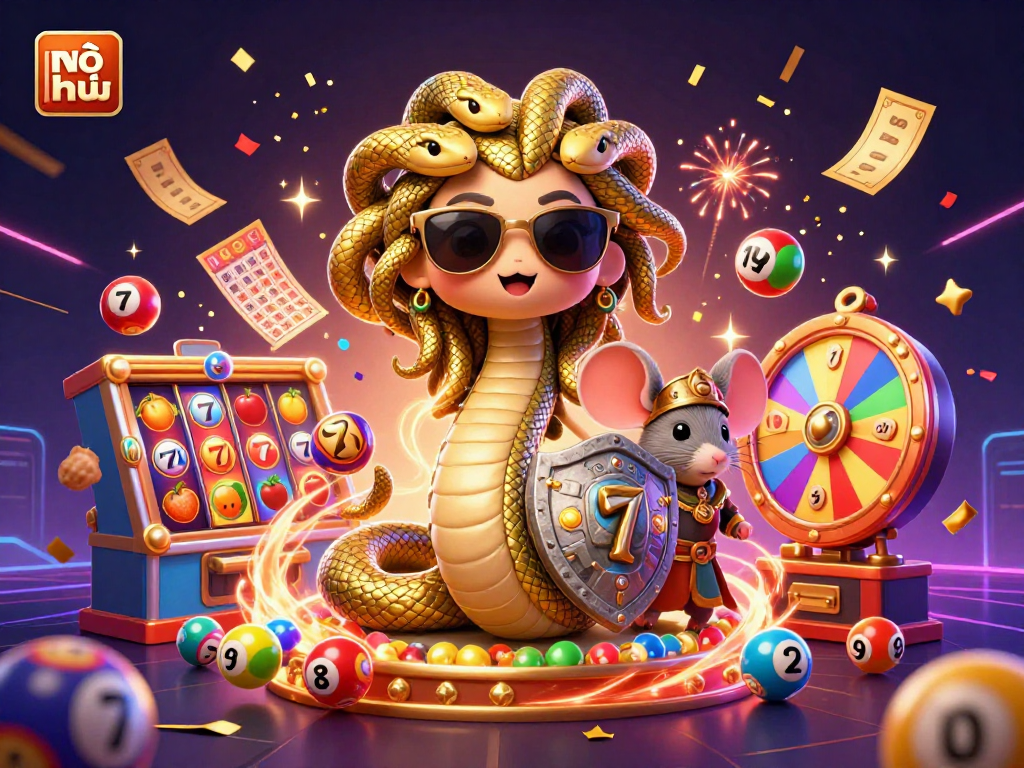 Experience the dynamic excitement of nổ hũ with lively slot elements and characters in a colorful casino scene.
