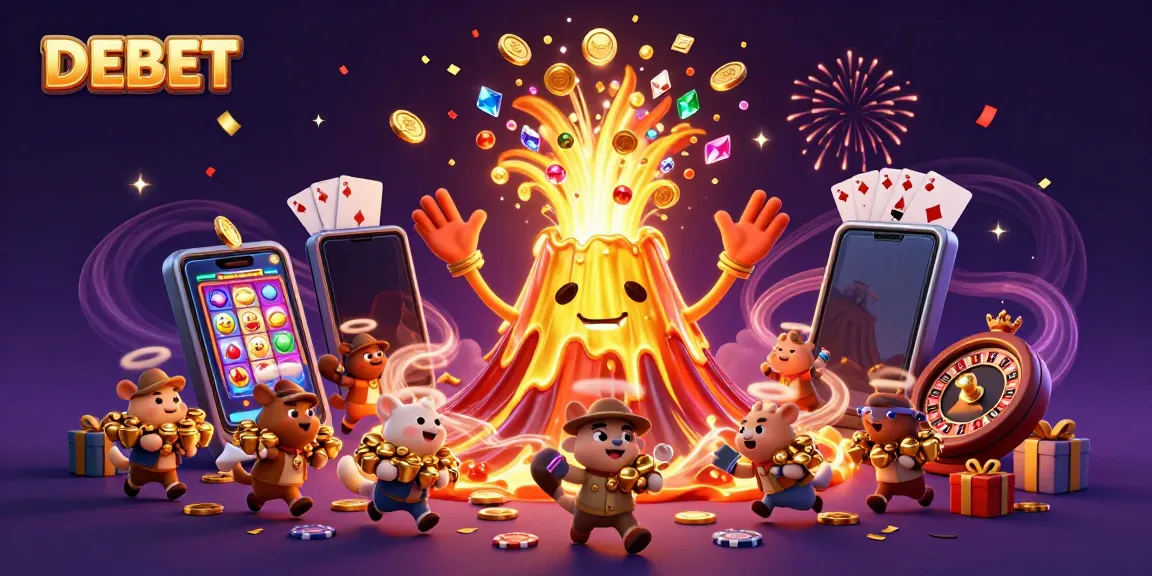 Experience thrilling betting with DEBET, highlighted by a triumphant golden volcano erupting treasure among colorful casino elements.