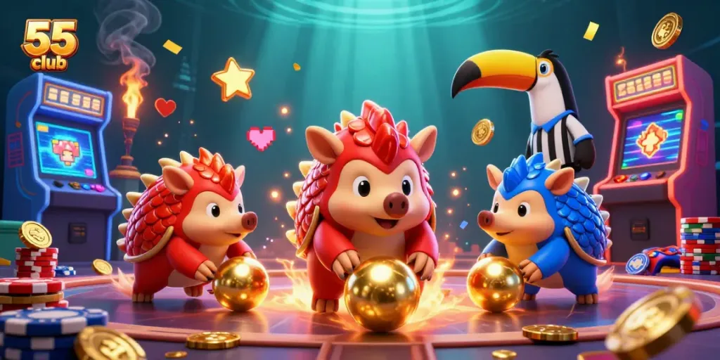 Compete in exciting games at 55 club with pangolin characters and casino elements.