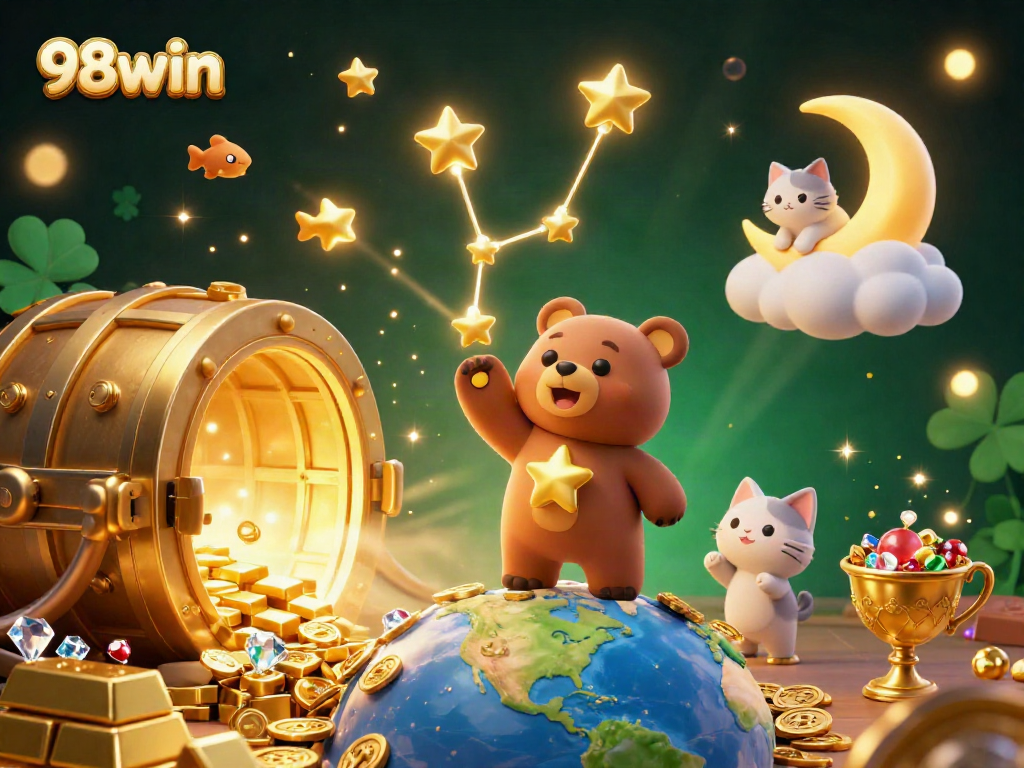 Engage with 98win's treasure-filled jovial casino world, featuring a constellation bear and luminous treasures.