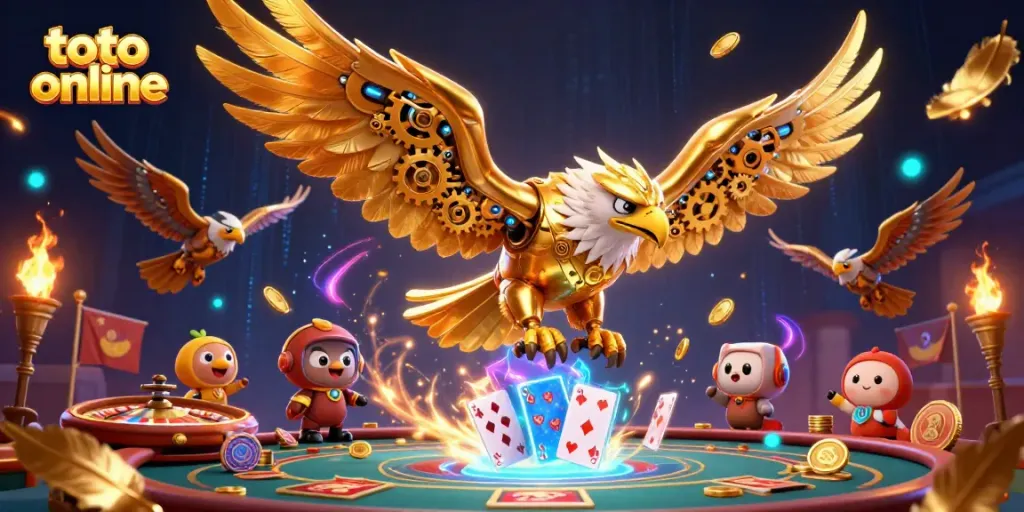 Engage in toto online gaming with a vibrant casino scene featuring a cybernetic eagle and poker elements.