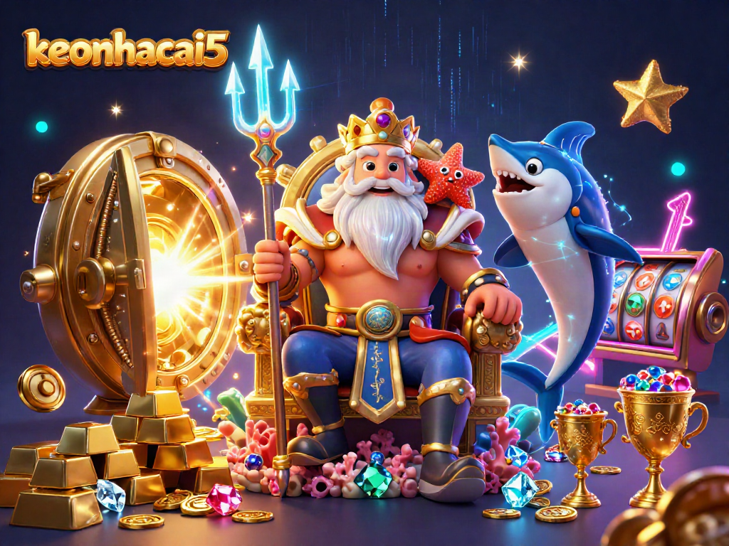 Engage with keonhacai5 through vibrant 3D art showcasing a treasure-filled casino adventure.