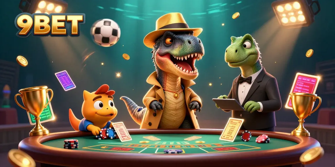 The engaging scene of playful 9BET casino action with a velociraptor card counter at a blackjack table, capturing excitement.