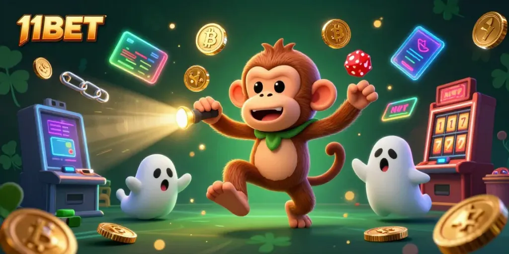 Engage in thrilling gameplay with 11BET's interactive casino scene featuring playful characters and dynamic elements.