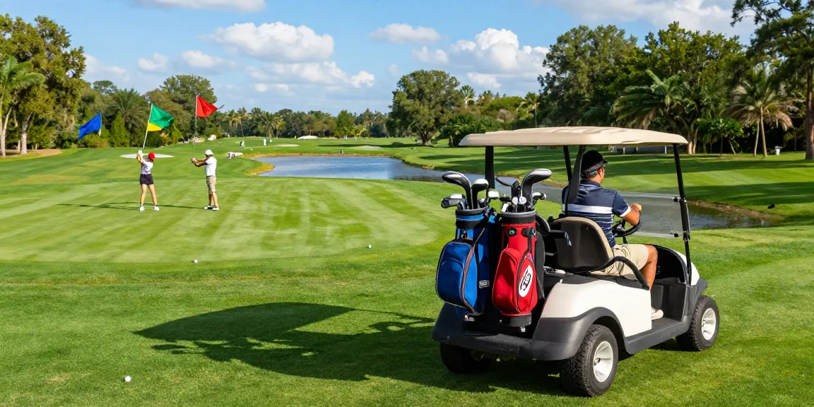 EZGO golf cart for sale USA while a golfer drives through the sunny golf course.