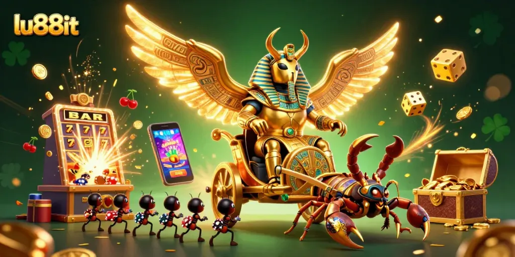 Enjoy thrilling action at lu88it with a dynamic slot scene packed with characters and gambling elements.
