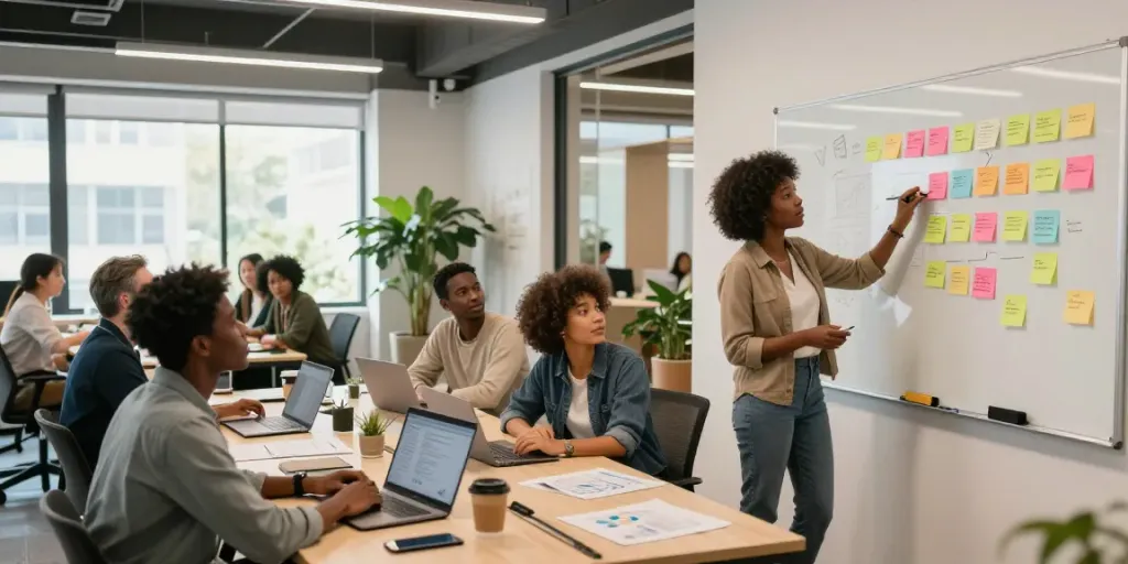 This website showcases a dynamic office scene where a diverse team collaborates on a tech project.