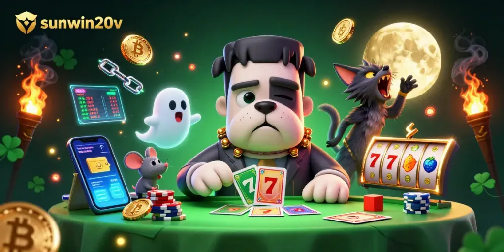 Join the fun at sunwin20v, with a Frankenstein bulldog dealer and crypto elements at the spooky casino table