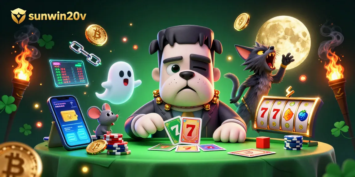 Join the fun at sunwin20v, with a Frankenstein bulldog dealer and crypto elements at the spooky casino table
